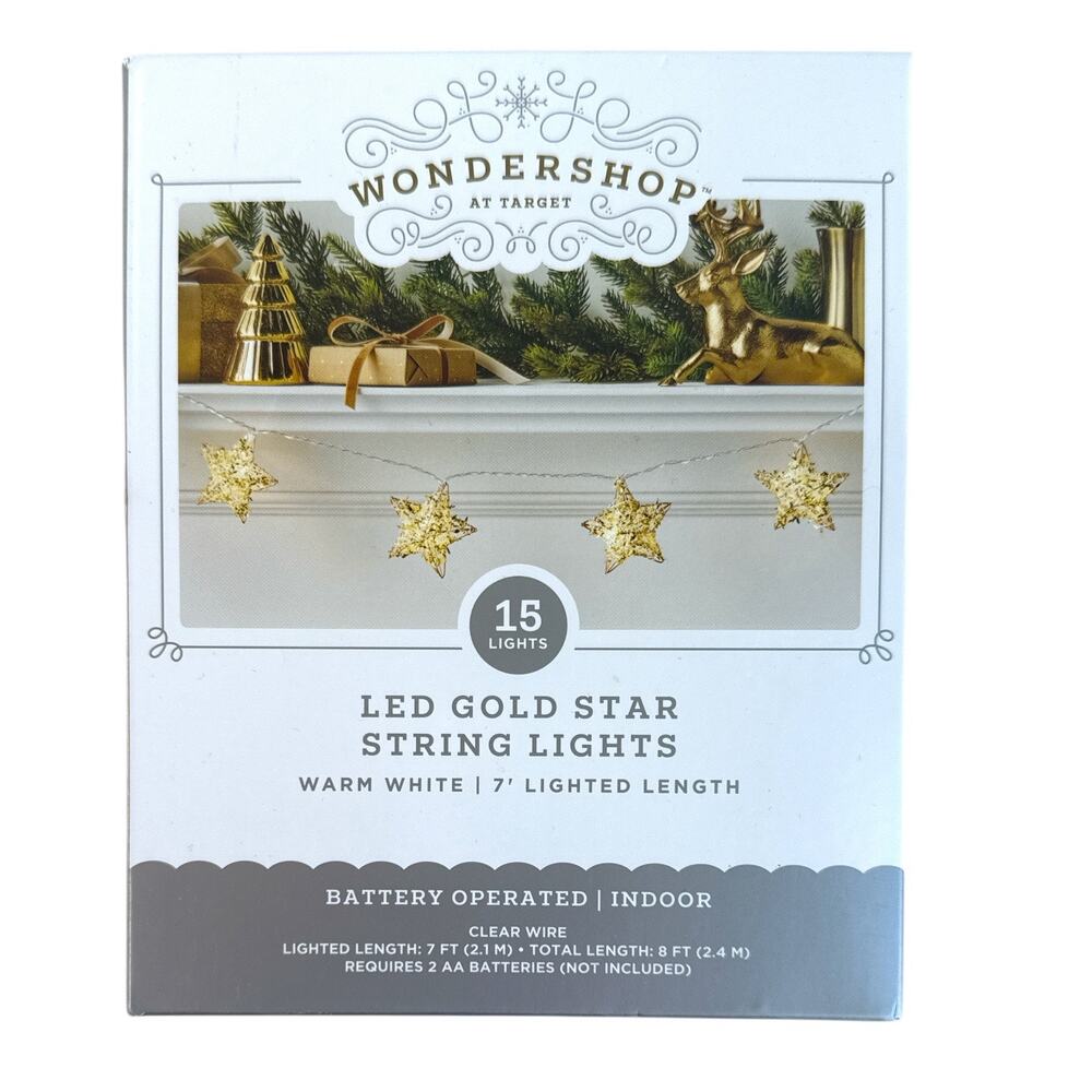 LED Gold Star String Lights 15ct Warm White Battery Operated Indoor NEW